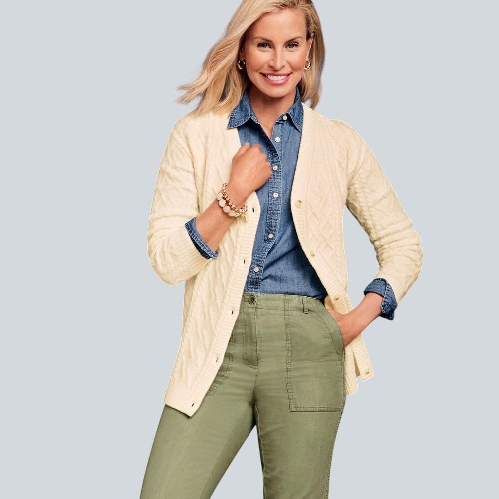 Talbots Women's SMALL Cable Knit Alpaca Wool Blend Button Cardigan Sweater Ivory